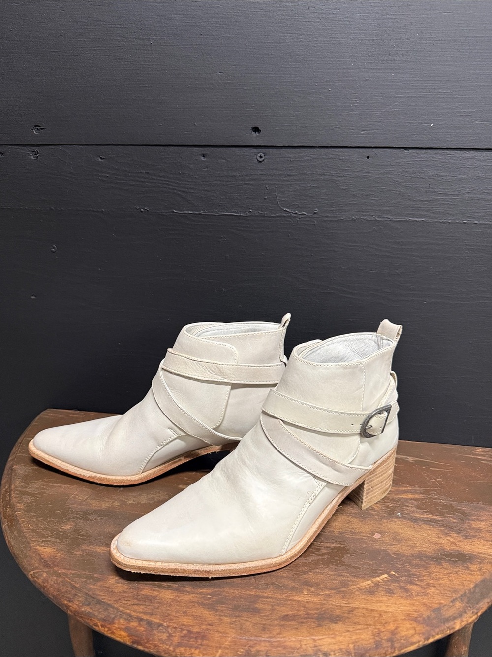 Free People Cream Leather Ankle Booties with Wrap Strap